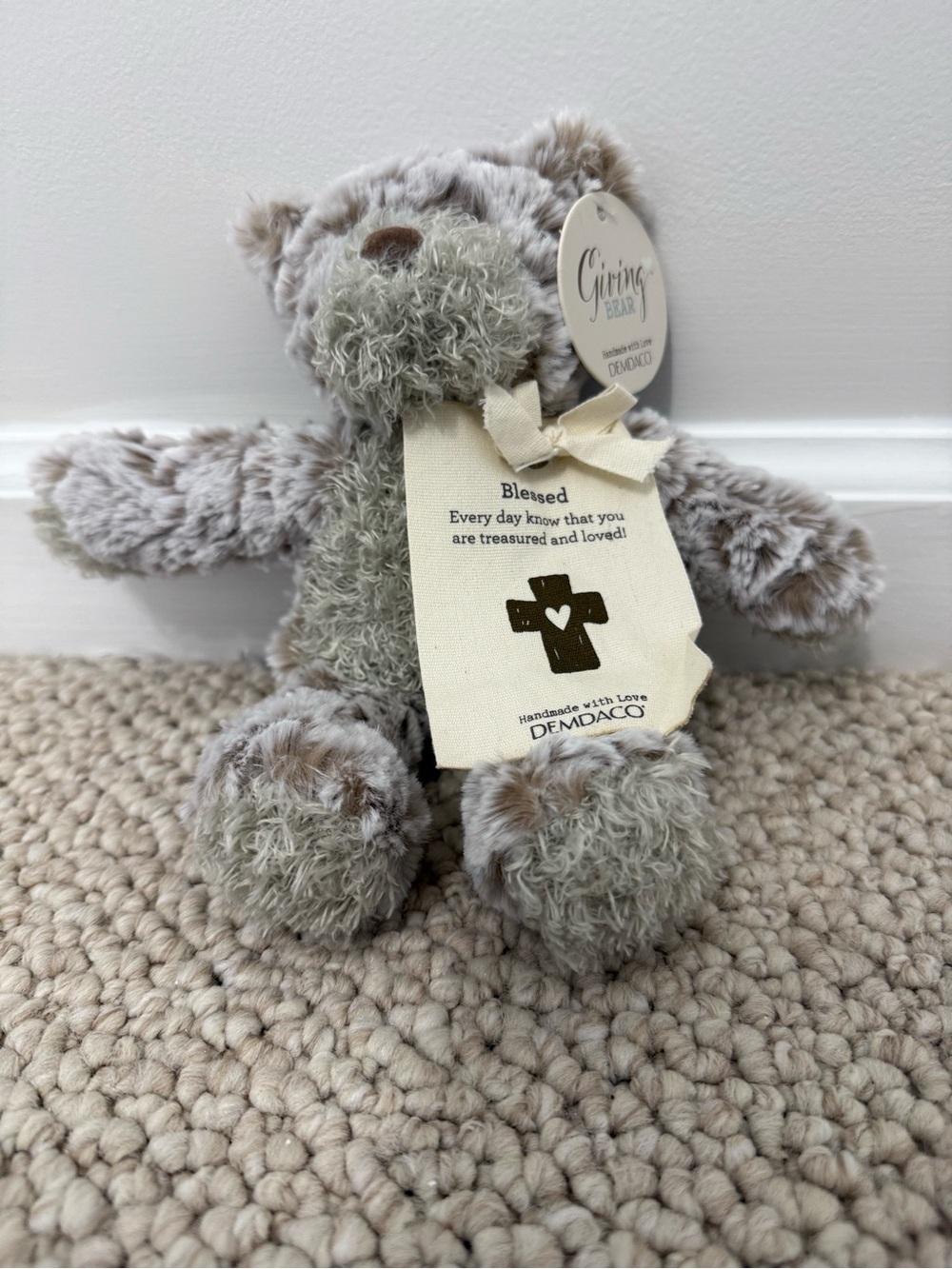 Demdaco Gray Plush 'Blessed' Bear with Ribbon Tag